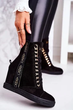 Damskie Zamszowe Sneakersy Z Tasiemką BOOCI 2222/543/z Czarne