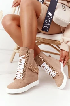 Damskie Zamszowe Sneakersy BOOCI Złote Litery Jasny Camel