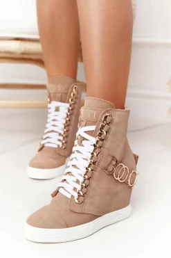 Damskie Zamszowe Sneakersy BOOCI Złote Litery Jasny Camel