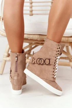 Damskie Zamszowe Sneakersy BOOCI Złote Litery Jasny Camel