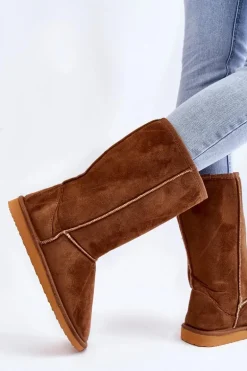 Damskie Zamszowe Wysokie Śniegowce Ocieplane Camel Reyma