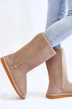 Damskie Zamszowe Wysokie Śniegowce Ocieplane Beżowe Reyma