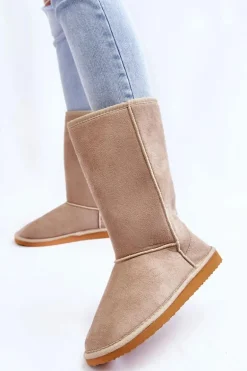 Damskie Zamszowe Wysokie Śniegowce Ocieplane Beżowe Reyma