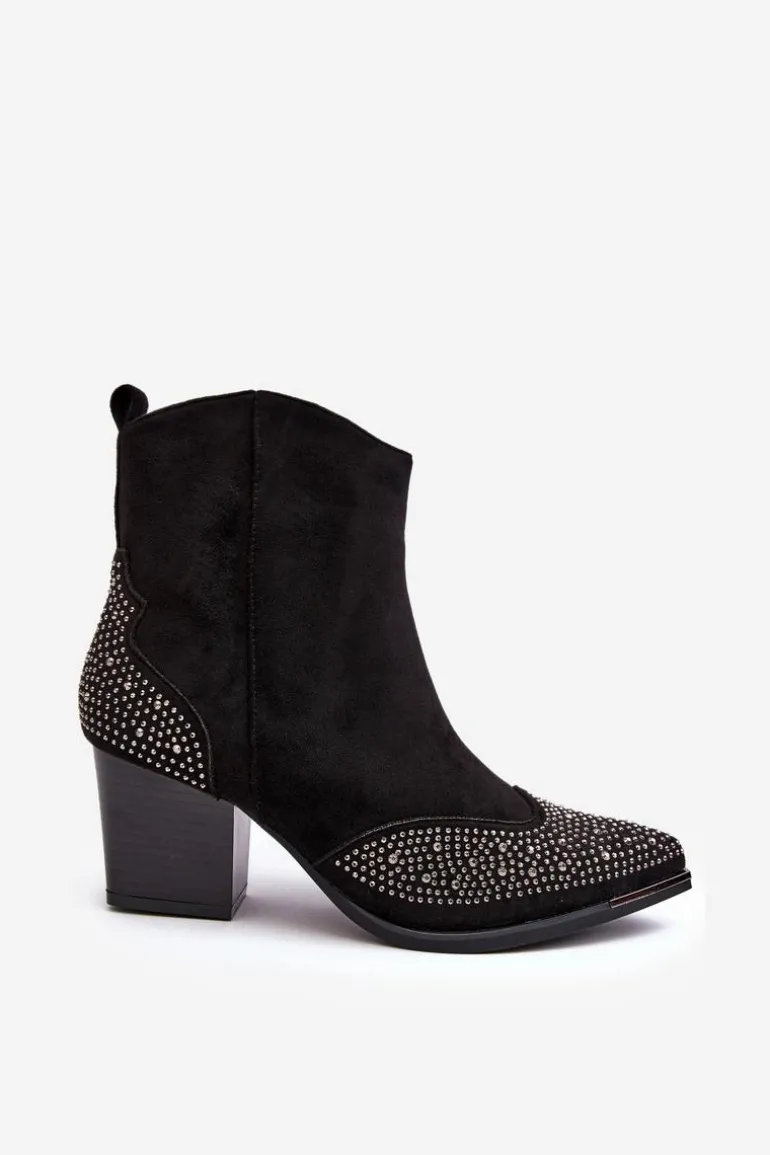 Damskie Zdobione Botki Kowbojki Na Słupku Czarne Eleduana