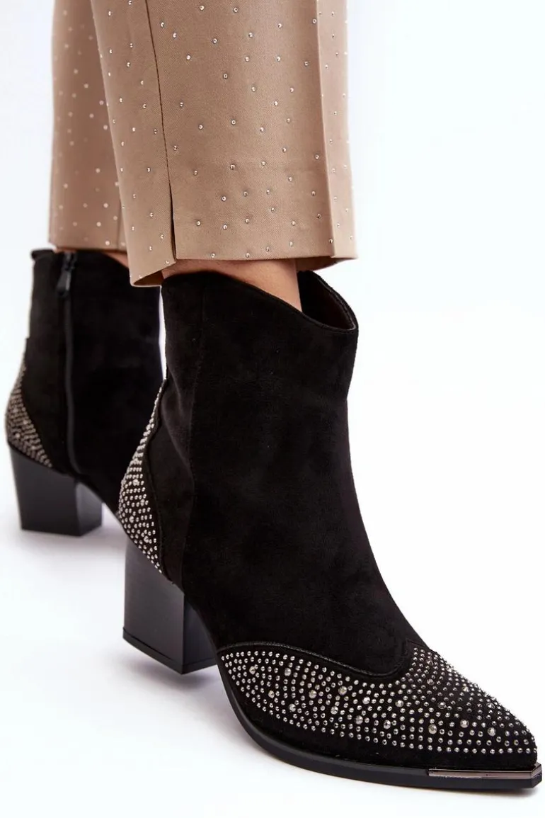 Damskie Zdobione Botki Kowbojki Na Słupku Czarne Eleduana