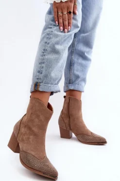 Damskie Zdobione Botki Kowbojki Na Słupku Beżowe Eleduana