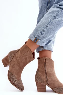 Damskie Zdobione Botki Kowbojki Na Słupku Beżowe Eleduana