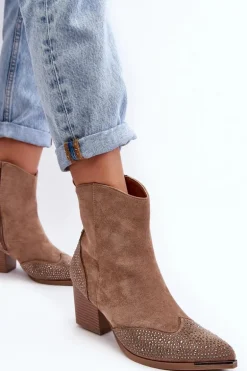 Damskie Zdobione Botki Kowbojki Na Słupku Beżowe Eleduana