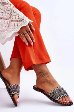 Damskie Zdobione Klapki Czarne Bellisa