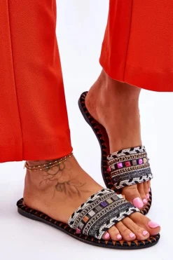 Damskie Zdobione Klapki Czarne Bellisa