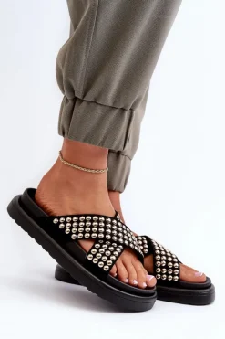 Damskie Zdobione Klapki Na Platformie Czarne Niraela