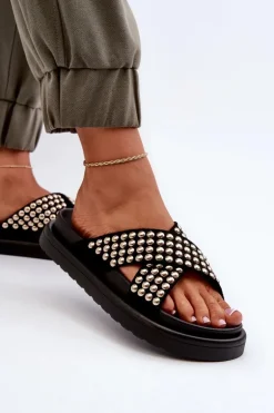 Damskie Zdobione Klapki Na Platformie Czarne Niraela