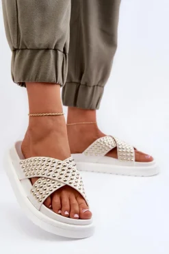Damskie Zdobione Klapki Na Platformie Białe Niraela