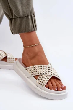 Damskie Zdobione Klapki Na Platformie Białe Niraela