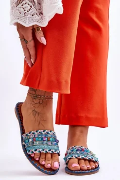 Damskie Zdobione Klapki Niebieskie Bellisa