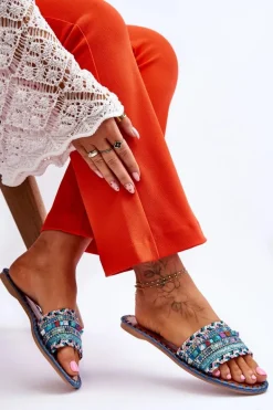 Damskie Zdobione Klapki Niebieskie Bellisa