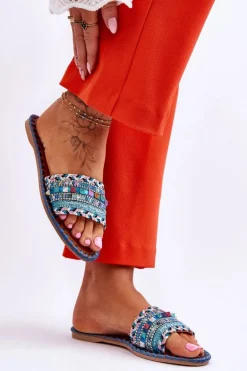 Damskie Zdobione Klapki Niebieskie Bellisa