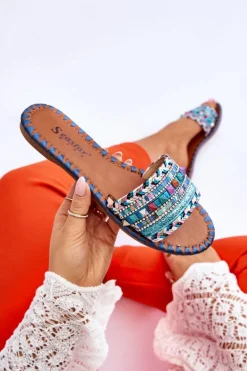 Damskie Zdobione Klapki Niebieskie Bellisa