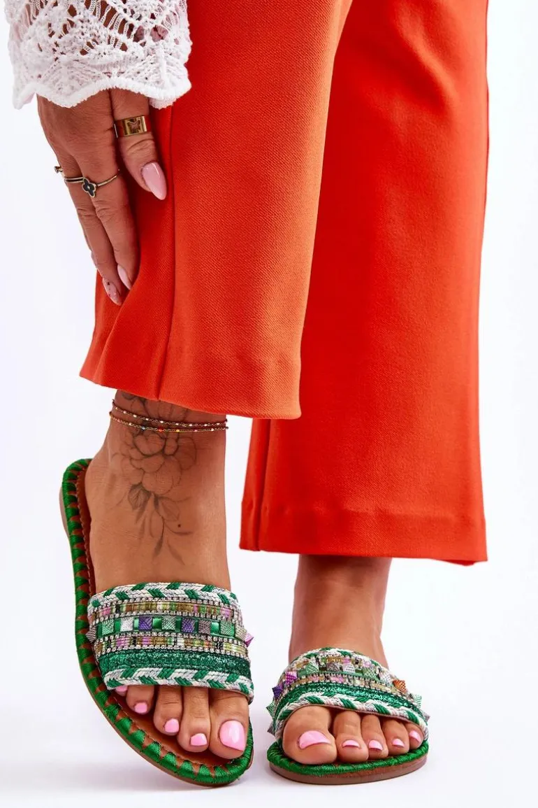 Damskie Zdobione Klapki Zielone Bellisa