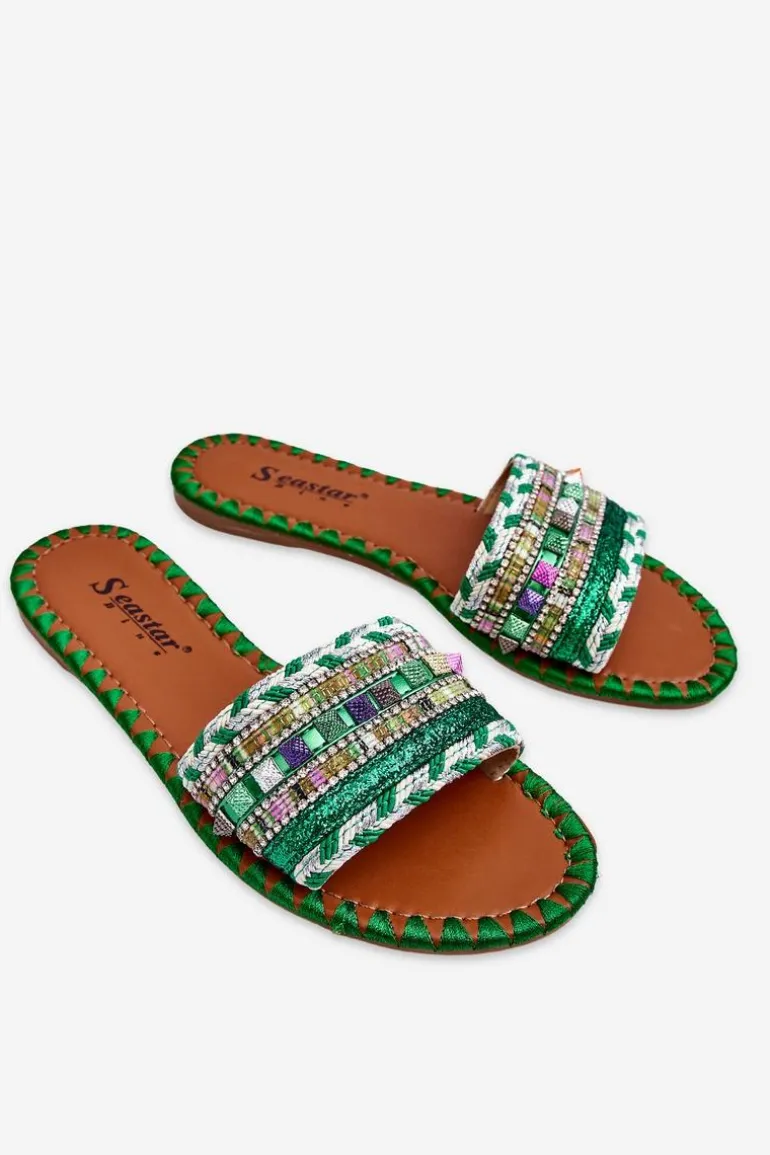 Damskie Zdobione Klapki Zielone Bellisa