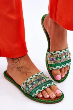 Damskie Zdobione Klapki Zielone Bellisa