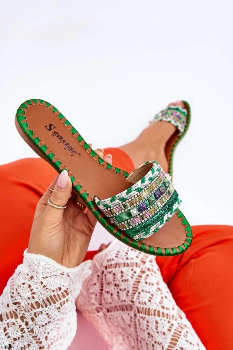 Damskie Zdobione Klapki Zielone Bellisa