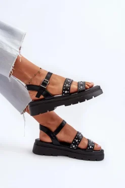 Damskie Zdobione Sandały Eko Skóra Czarne Arcida