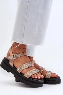 Damskie Zdobione Sandały Eko Skóra Złoto-Beżowe Arcida