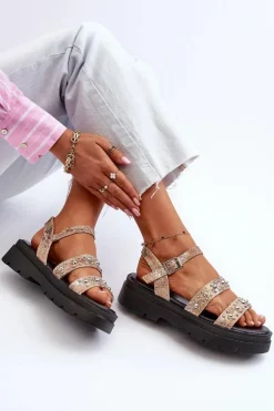 Damskie Zdobione Sandały Eko Skóra Złoto-Beżowe Arcida