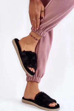 Domowe Papcie Klapki Z Futerkiem Inblu EK-05-014 Czarne