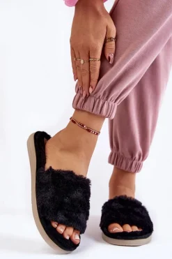 Domowe Papcie Klapki Z Futerkiem Inblu EK-05-014 Czarne