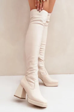 Dopasowane Kozaki Za Kolano Na Słupku Jasnobeżowe Sanniraen