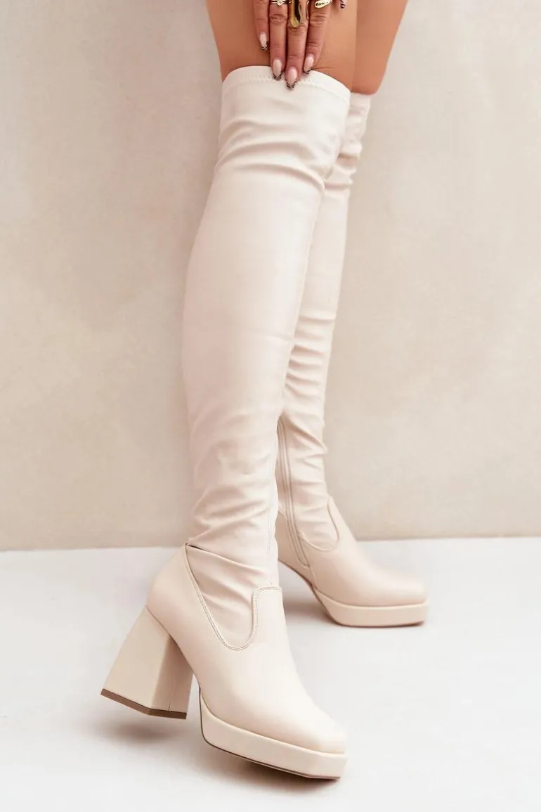 Dopasowane Kozaki Za Kolano Na Słupku Jasnobeżowe Sanniraen