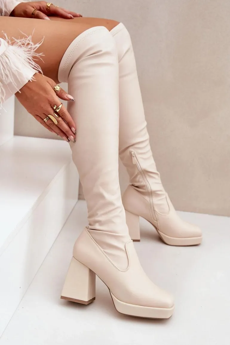 Dopasowane Kozaki Za Kolano Na Słupku Jasnobeżowe Sanniraen