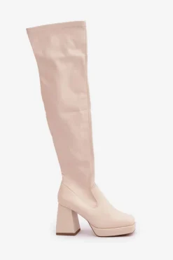 Dopasowane Kozaki Za Kolano Na Słupku Jasnobeżowe Sanniraen