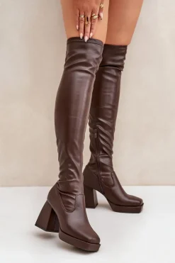 Dopasowane Kozaki Za Kolano Na Słupku Ciemnobrązowe Sanniraen
