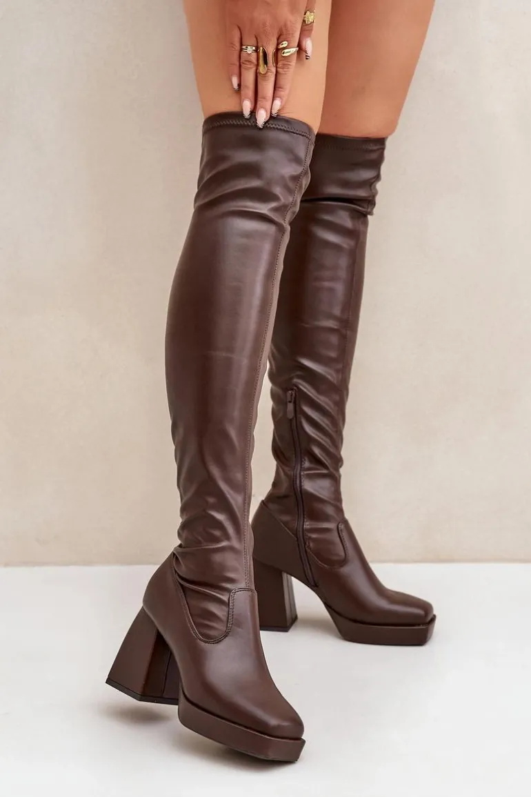 Dopasowane Kozaki Za Kolano Na Słupku Ciemnobrązowe Sanniraen