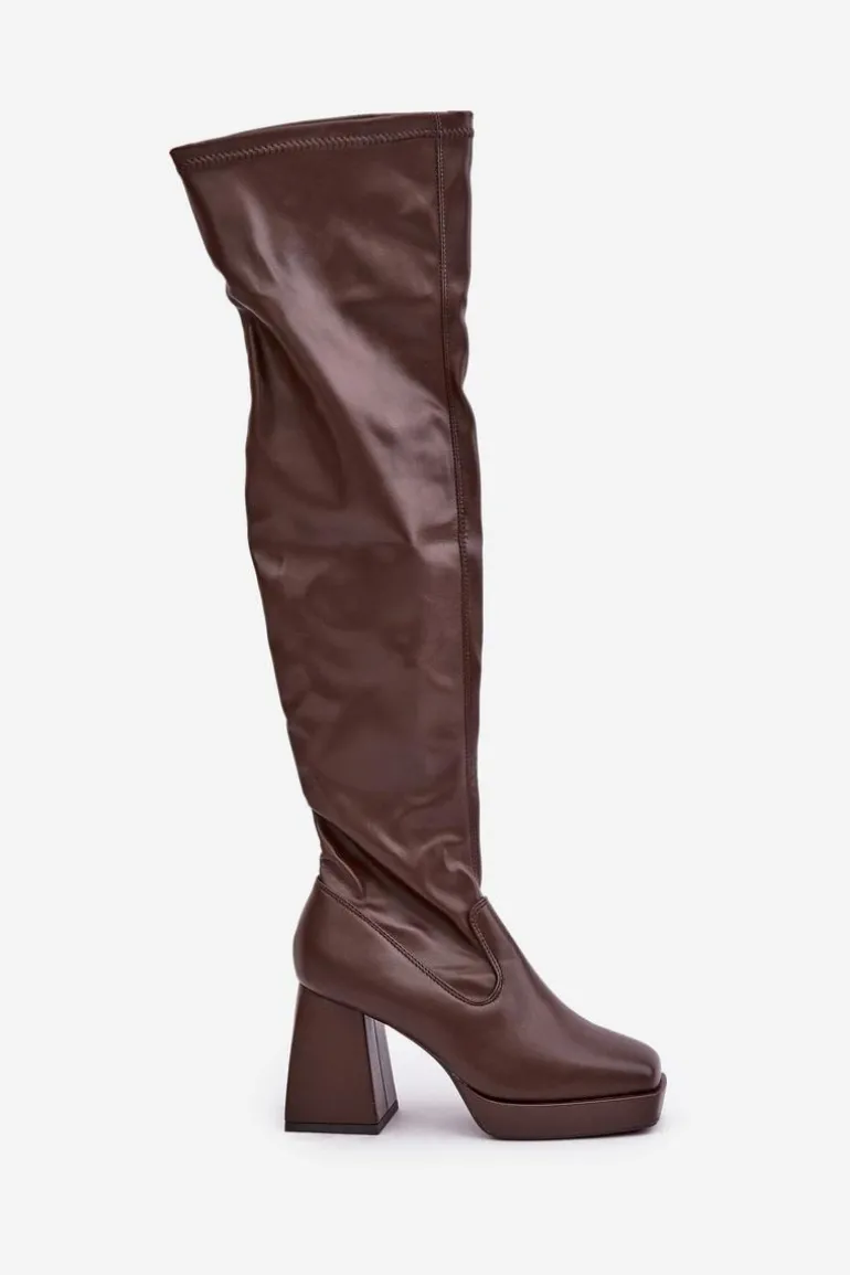 Dopasowane Kozaki Za Kolano Na Słupku Ciemnobrązowe Sanniraen