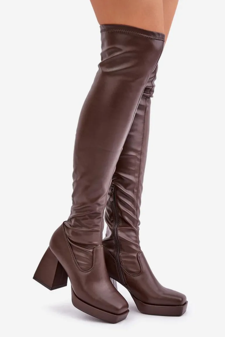 Dopasowane Kozaki Za Kolano Na Słupku Ciemnobrązowe Sanniraen
