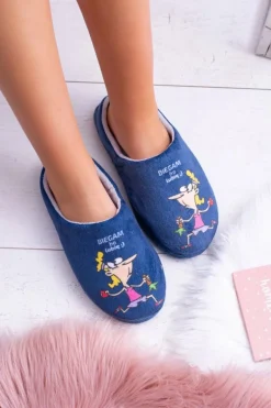 Dreex Pluszowe Damskie Granatowe Papcie Biegam Bo Lubię