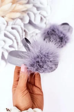 Dziecięce Gumowe Klapki Z Futerkiem Jasnoszare Skylar