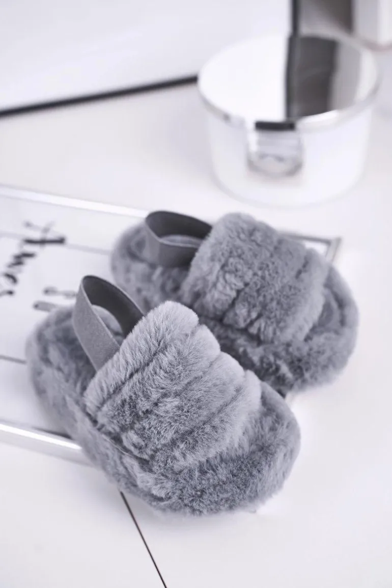 Dziecięce klapki z futerkiem i gumką szare Fluffy