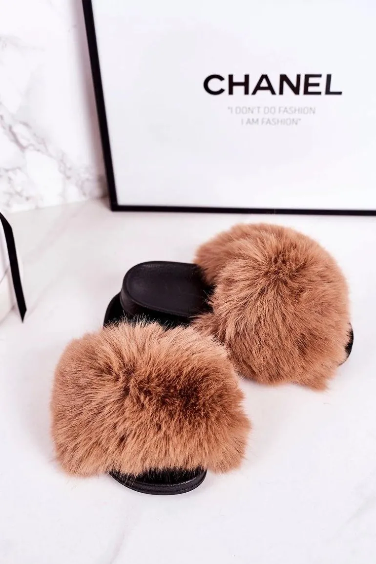 Dziecięce Klapki Z Futerkiem Jasny Brąz Fashionista