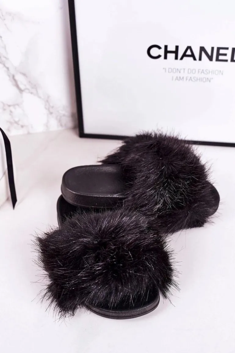 Dziecięce Klapki Z Futerkiem Czarne Fashionista