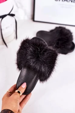 Dziecięce Klapki Z Futerkiem Czarne Fashionista