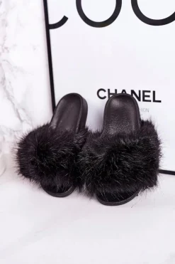 Dziecięce Klapki Z Futerkiem Czarne Fashionista