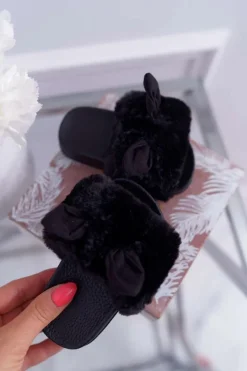 Dziecięce Klapki Z Futerkiem I Uszkami Czarne Thoa