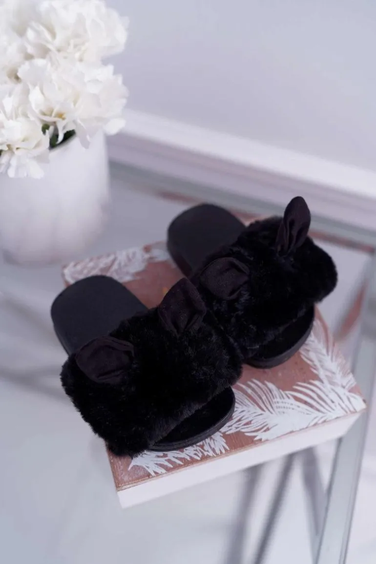 Dziecięce Klapki Z Futerkiem I Uszkami Czarne Thoa