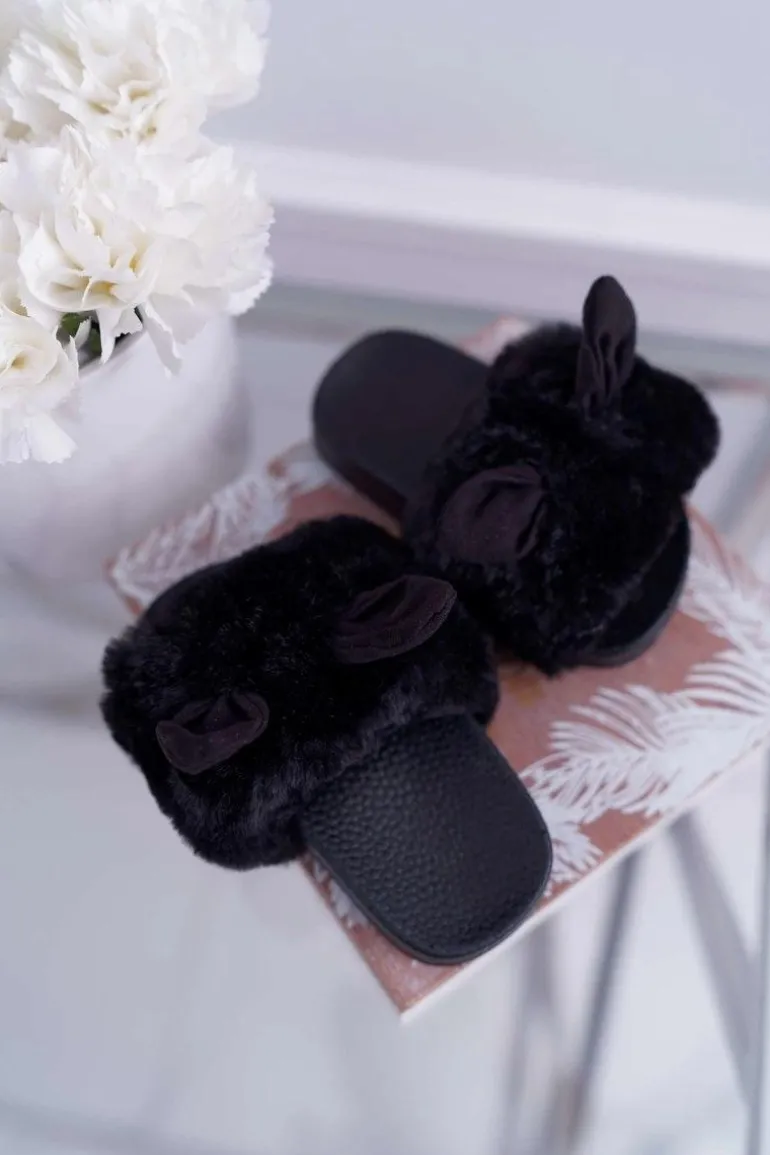 Dziecięce Klapki Z Futerkiem I Uszkami Czarne Thoa
