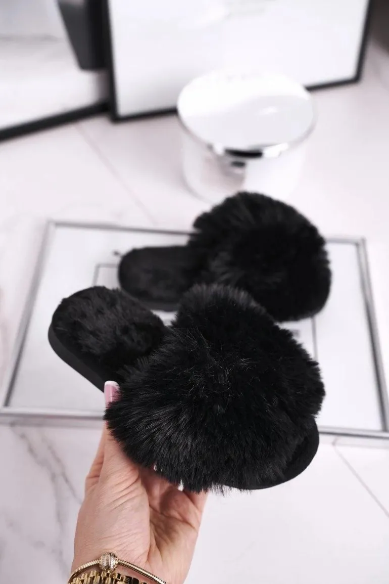 Dziecięce Papcie Klapki z Futerkiem Czarne Snow Ball